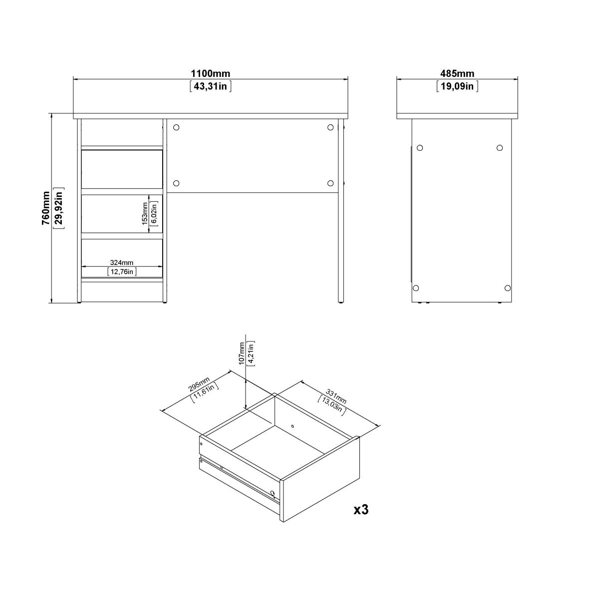 TVILUM Function Plus skrivebord, m. 1 rum og 3 skuffer - hvid træ (110x48,5) – billede 2