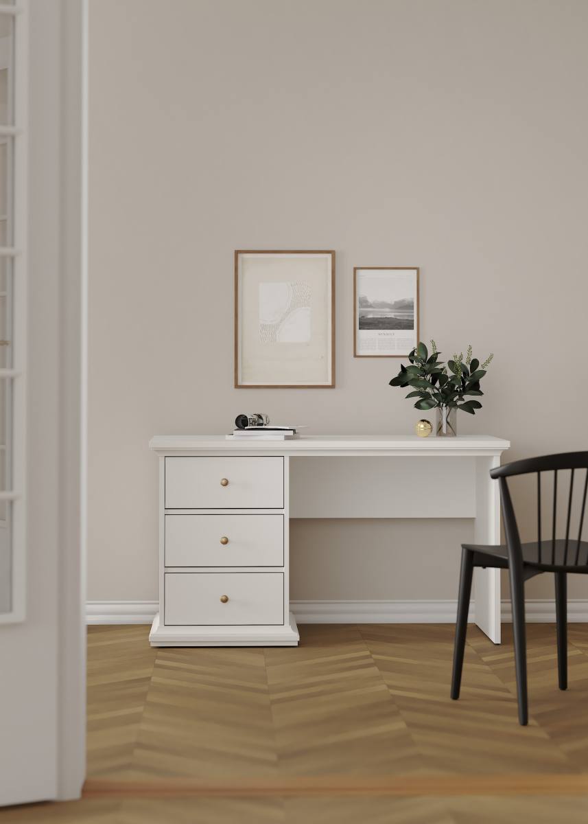 TVILUM Paris skrivebord - rektangulært, hvid laminat, med 3 skuffer – billede 9