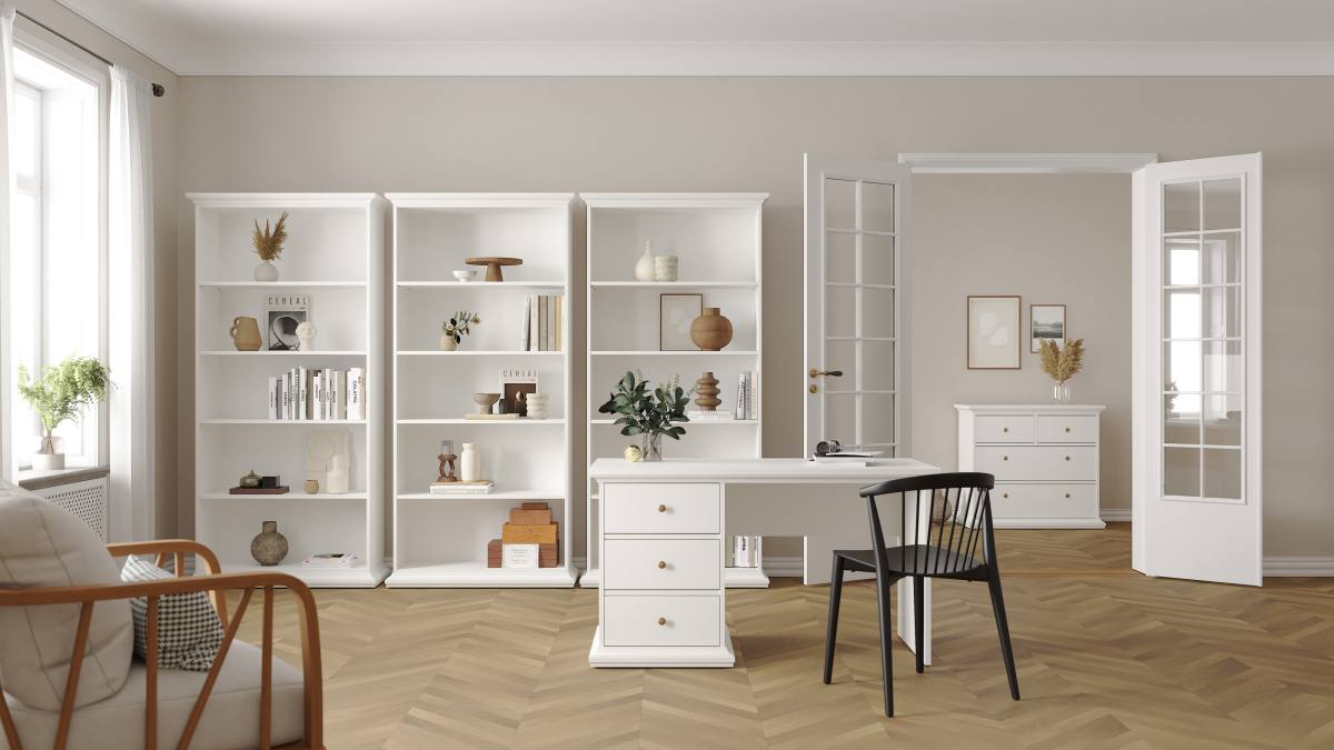 TVILUM Paris skrivebord - rektangulært, hvid laminat, med 3 skuffer – billede 10